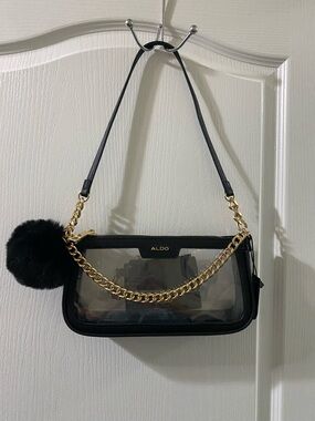 ALDO Black Clear Shoulder Bag with Gold Chain and Black Pom Pom Charm